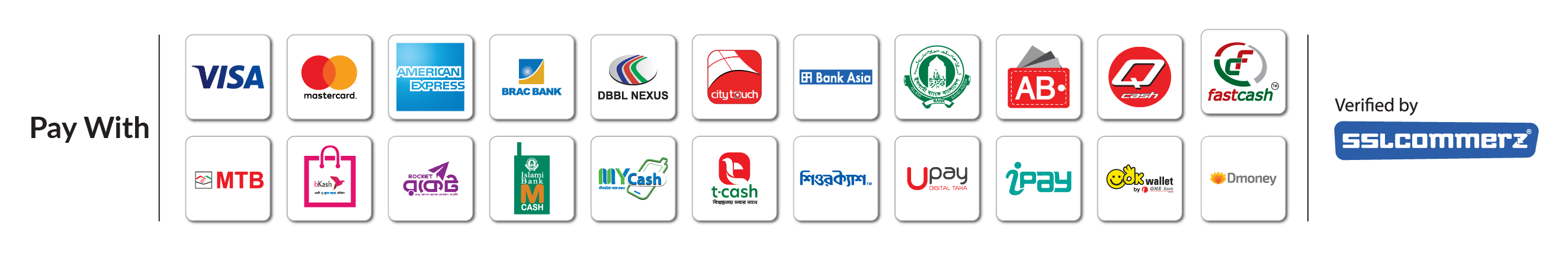 Pay with Visa, Mastercard, American Express, mobile banking ও আরও অনেক — verified by SSLCommerz